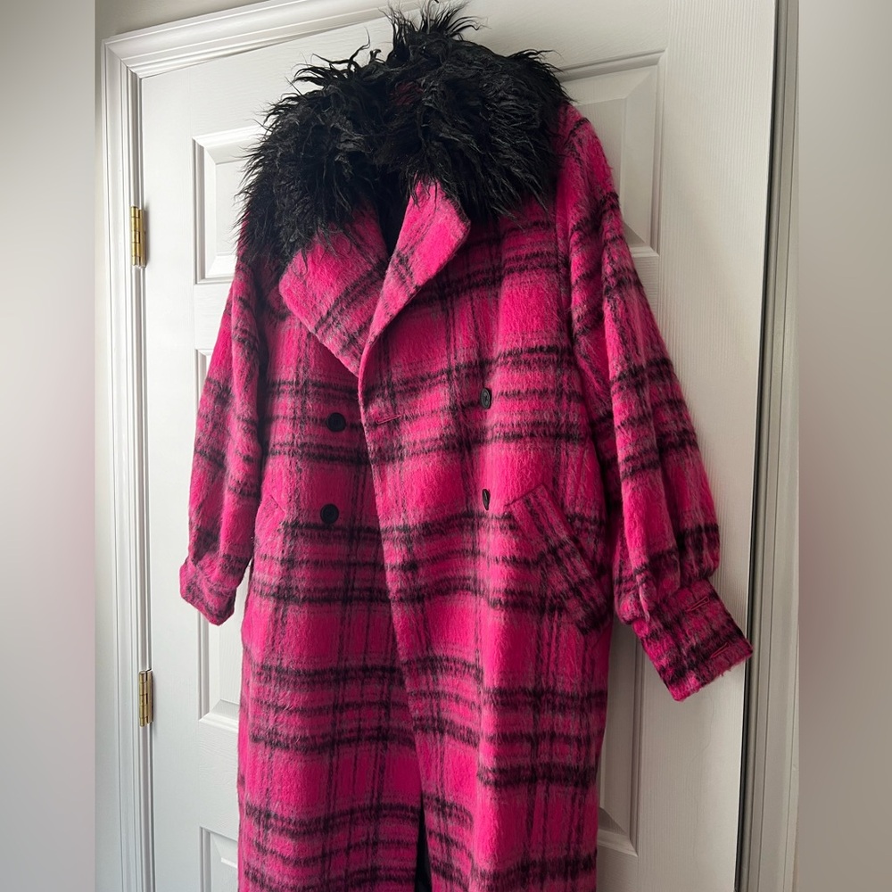 Miss Selfridge check mongolian faux fur collar long coat.